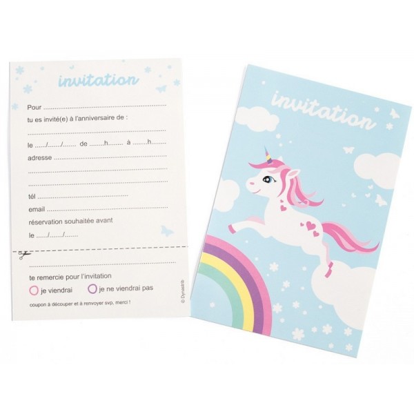 10 cartes d'invitation enfants anniversaire avec licorne, pour les filles
